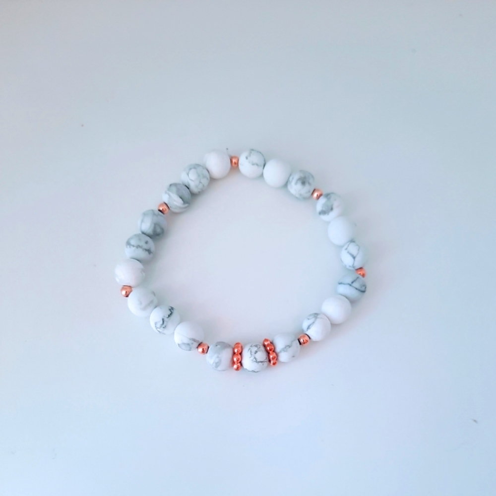 White Howlite 8 mm crystal bracelet handmade in Canada